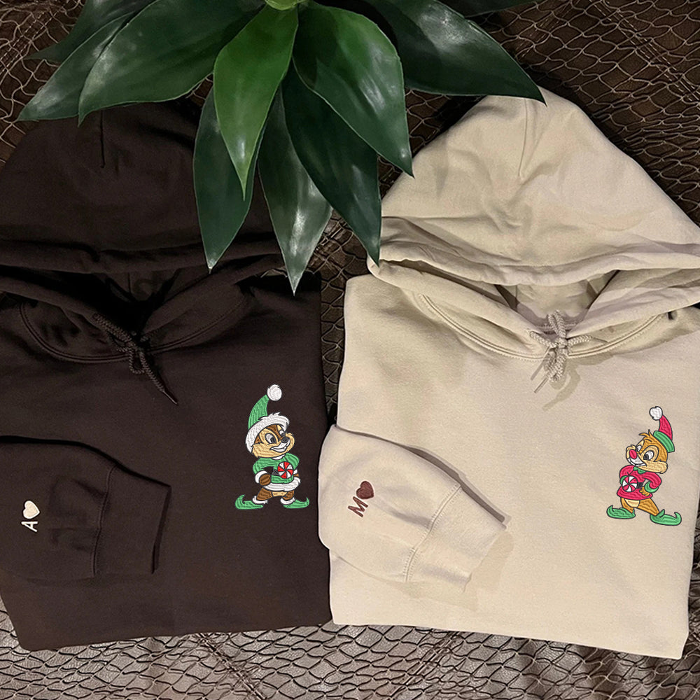 Custom Embroidered Hoodies For Couples, Cute Chip x Dale Christmas Couples Embroidered Hoodie