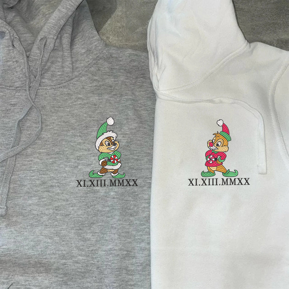 Custom Embroidered Roman Numeral Date Hoodies For Couples, Chip x Dale Christmas Couples Embroidered Hoodie