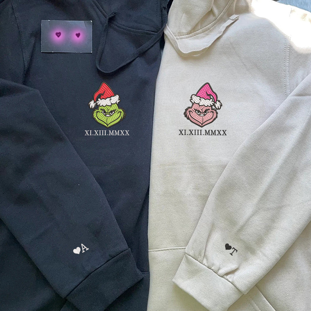 Custom Embroidered Roman Numeral Hoodies For Couples, Roman Numeral Date Hoodie, Christmas Green Couples Embroidered Hoodie