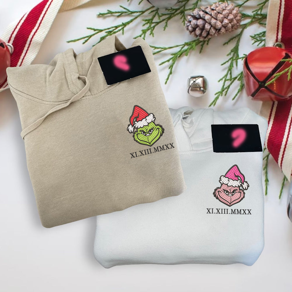 Custom Embroidered Roman Numeral Hoodies For Couples, Roman Numeral Date Hoodie, Christmas Green Couples Embroidered Hoodie