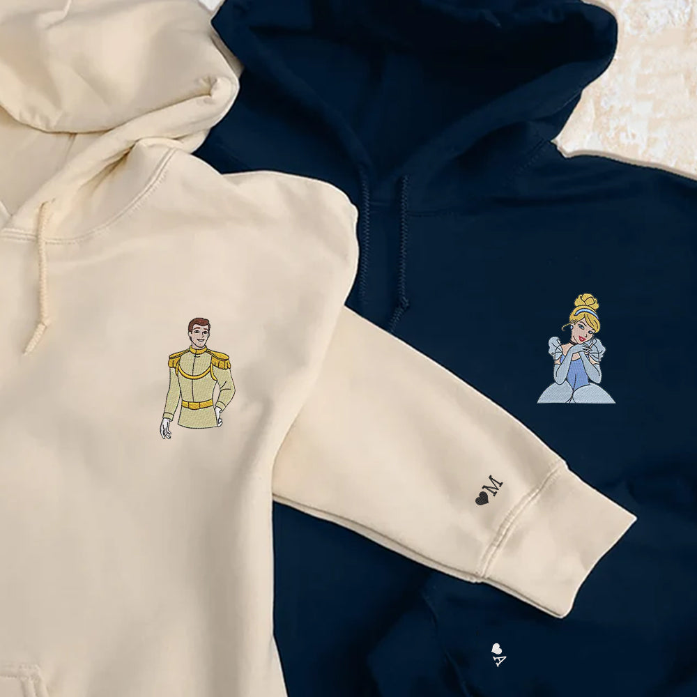 Custom Embroidered Hoodies For Couples, Personalized Couple Hoodies, His Her Hoodies, Cute Prince x Princess Cartoons Couples Embroidered Hoodie
