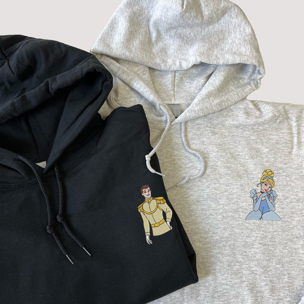 Custom Embroidered Hoodies For Couples, Personalized Couple Hoodies, His Her Hoodies, Cute Prince x Princess Cartoons Couples Embroidered Hoodie