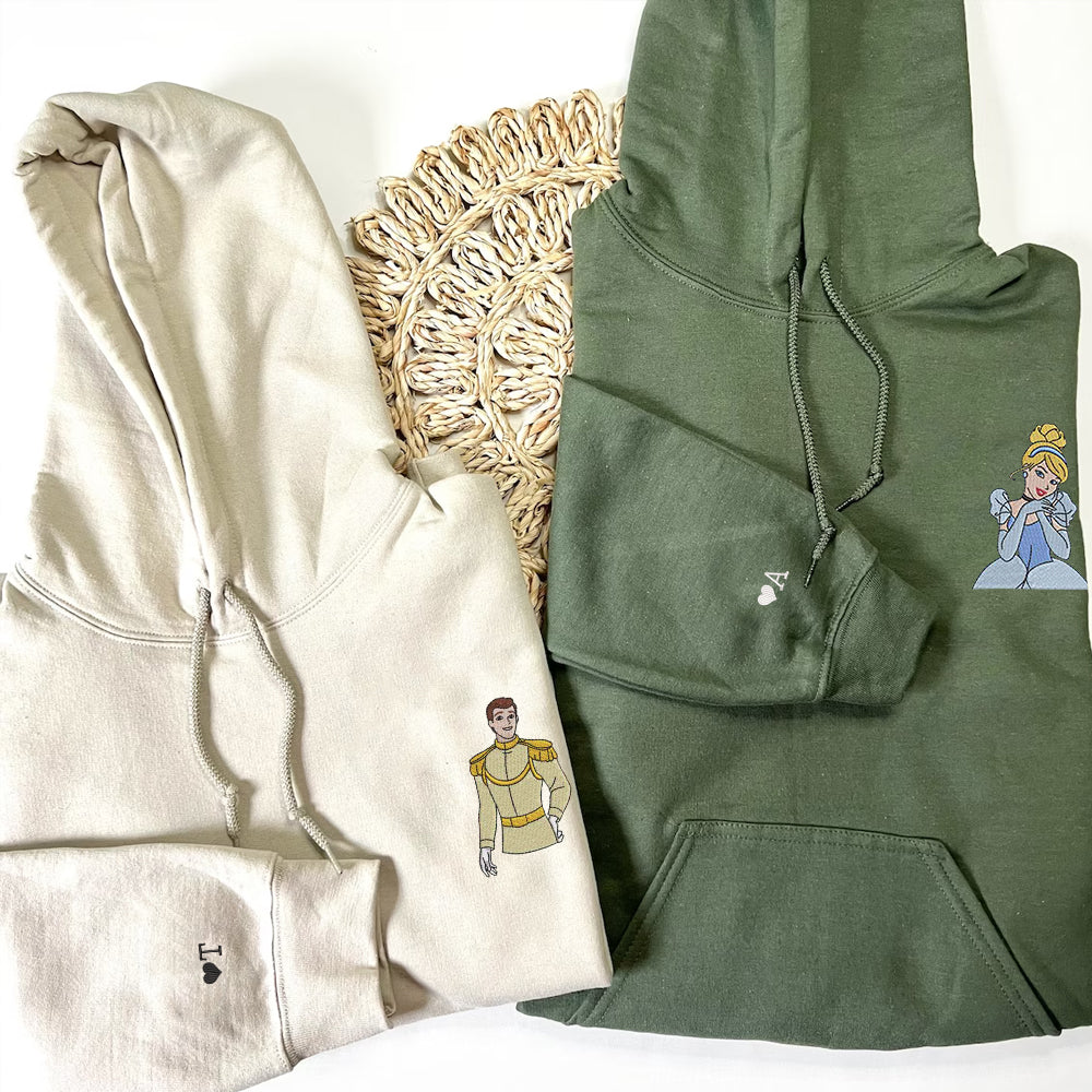Custom Embroidered Hoodies For Couples, Personalized Couple Hoodies, His Her Hoodies, Cute Prince x Princess Cartoons Couples Embroidered Hoodie