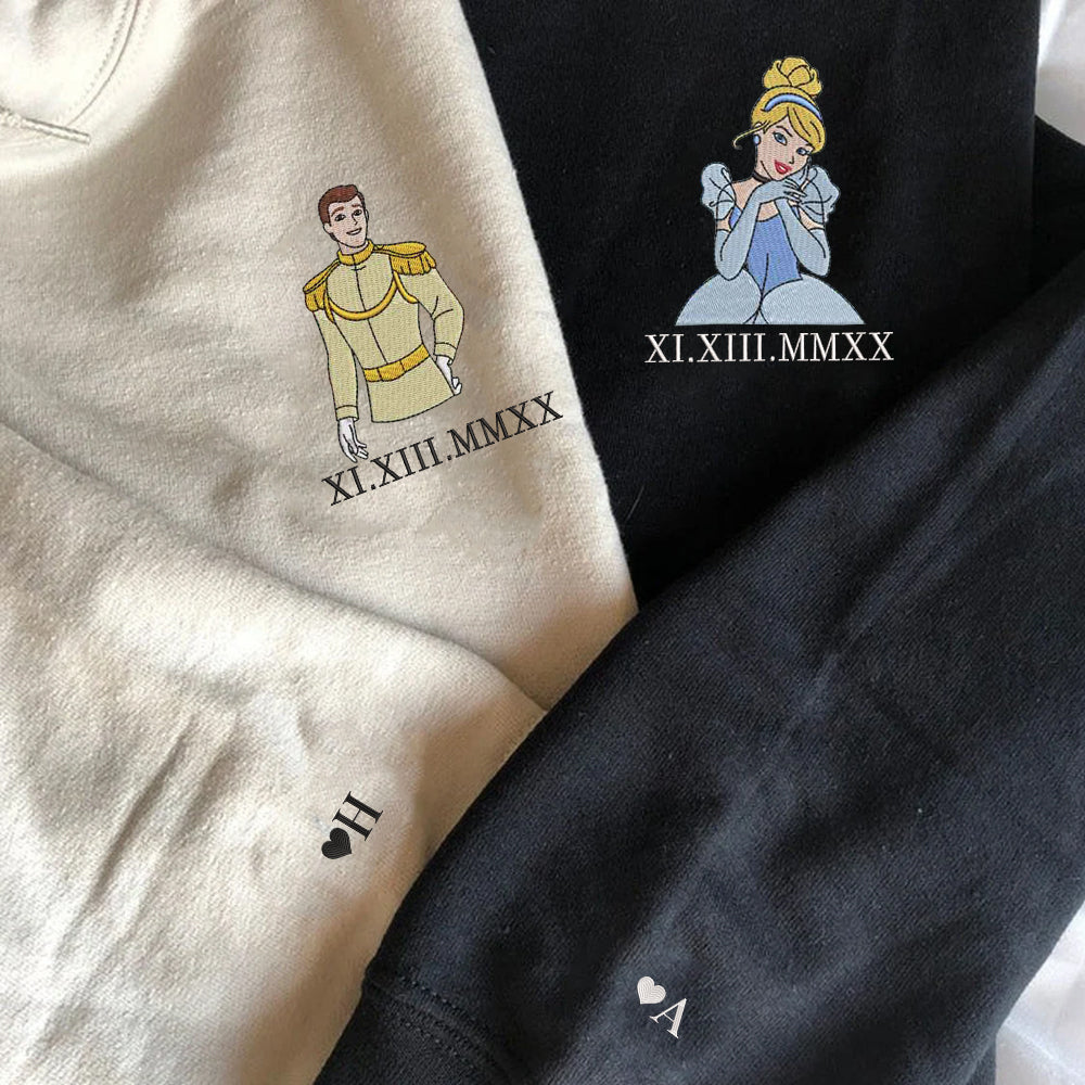 Custom Embroidered Roman Numeral Hoodies For Couples, Roman Numeral Date Hoodie, Cute Prince Princess Couples Embroidered Hoodie
