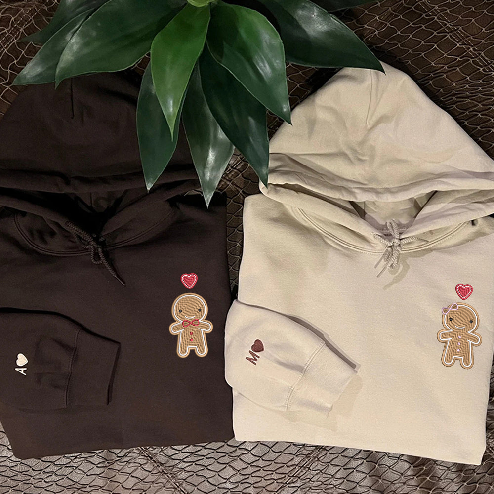 Custom Embroidered Hoodies For Couples, Cookie Cute Gingerbread Couples Embroidered Hoodie