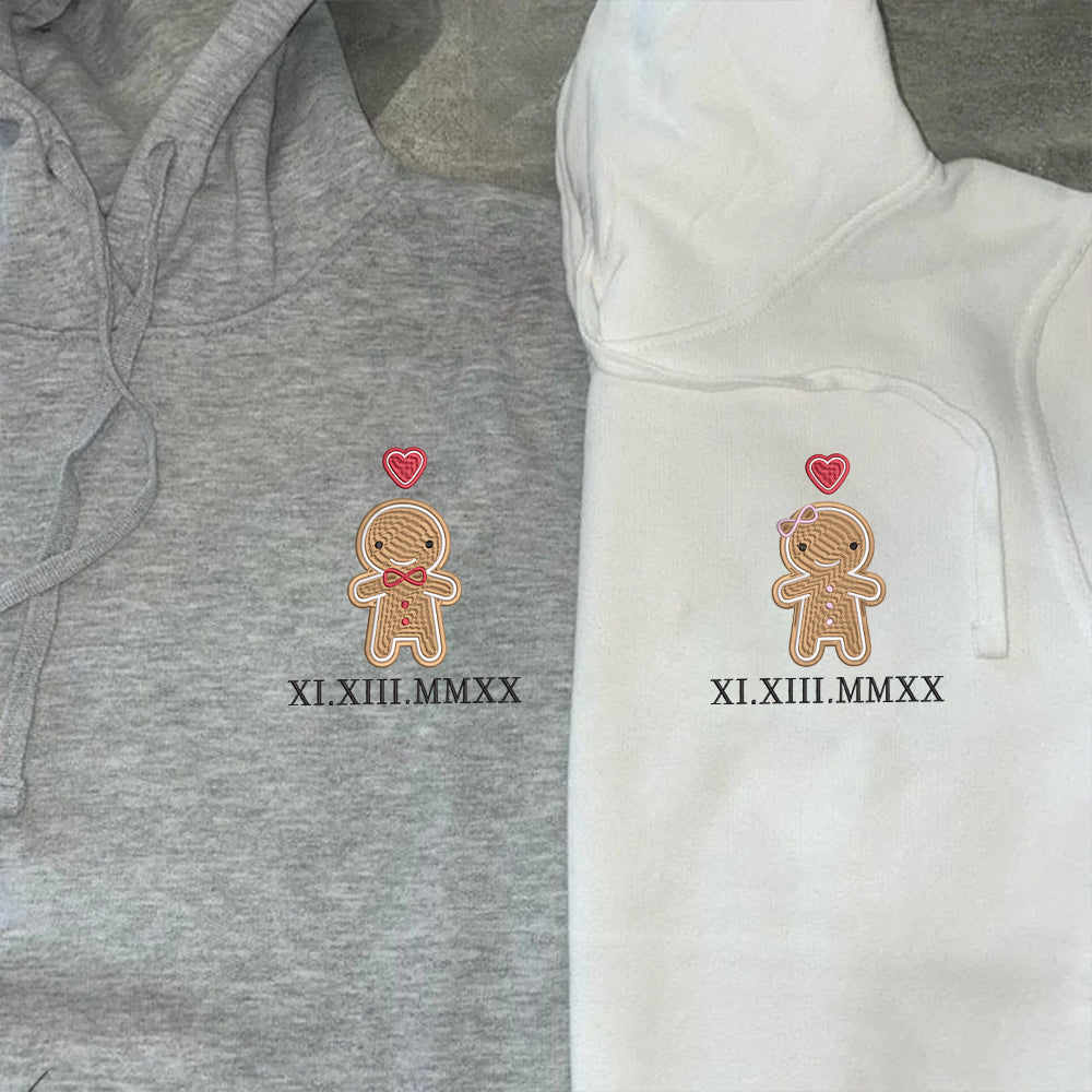 Custom Embroidered Roman Numeral Date Hoodies For Couples, Cookie Cute Gingerbread Christmas Couples Embroidered Hoodie