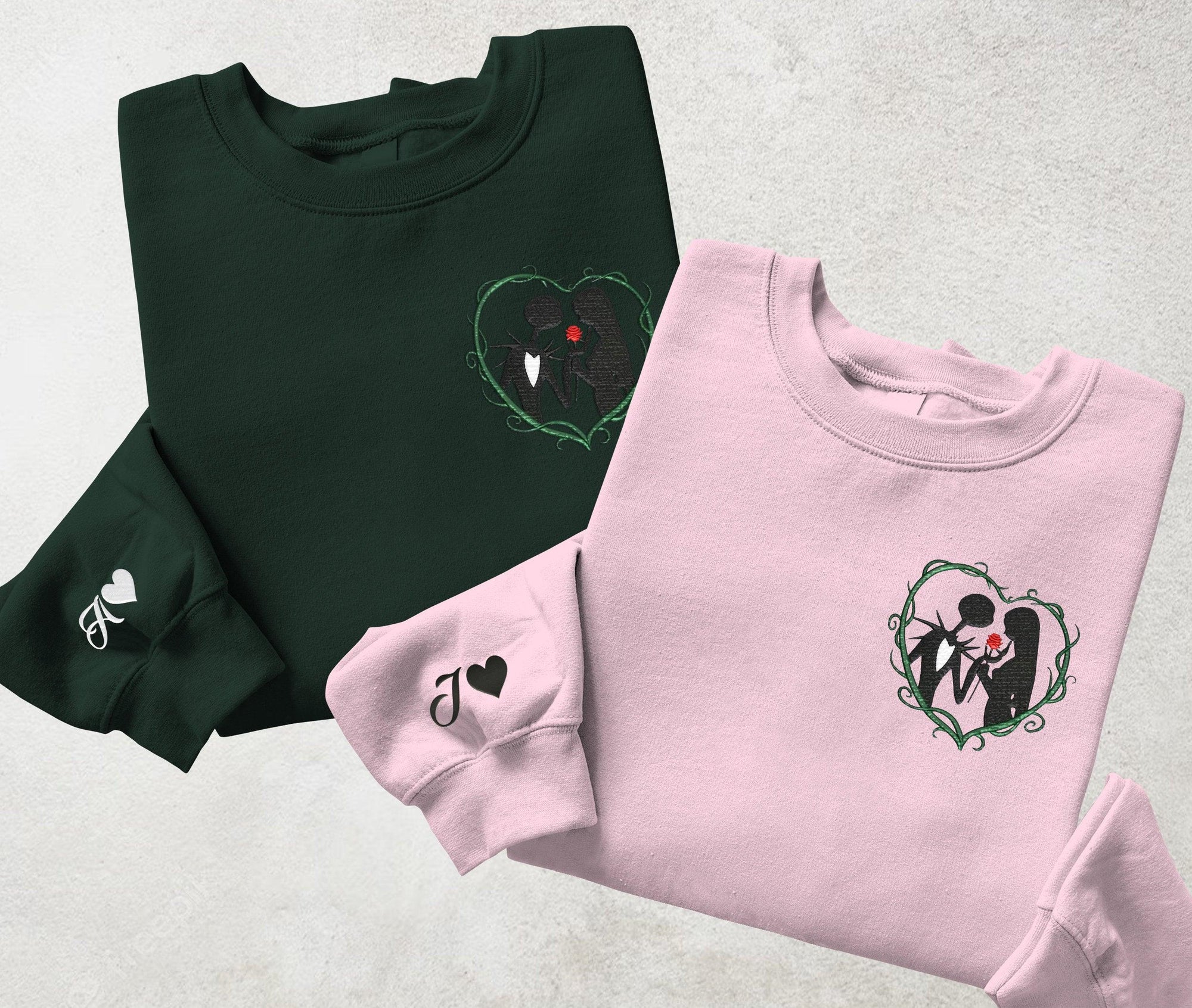 Custom Couple Embroidered Matching Couples Sweatshirt, Jack Sally Heart Embroidered Sweater, Nightmare Christmas Embroidered Sweatshirt