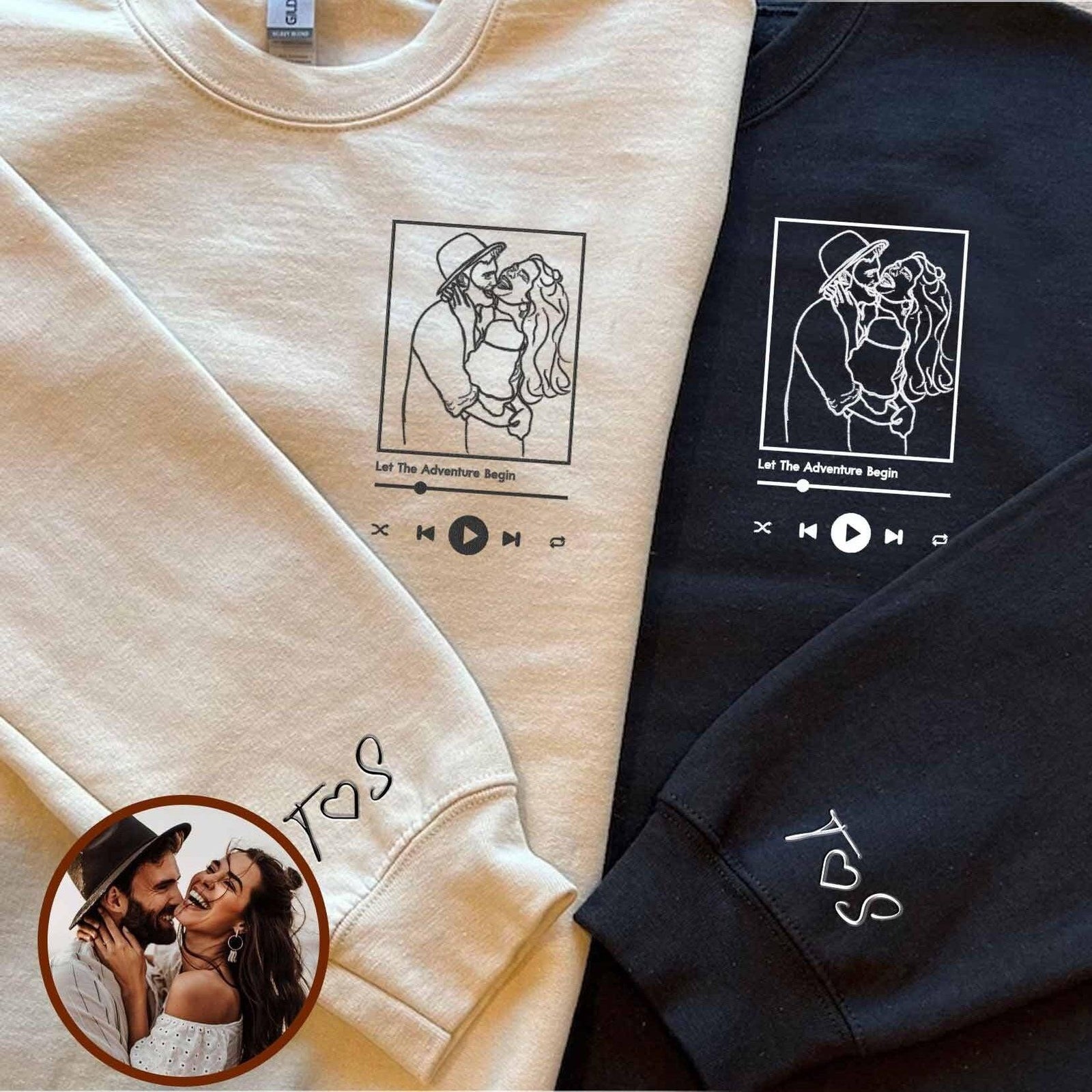 Custom Embroidered Portrait Line Drawing Couple Matching Sweatshirt Hoodies