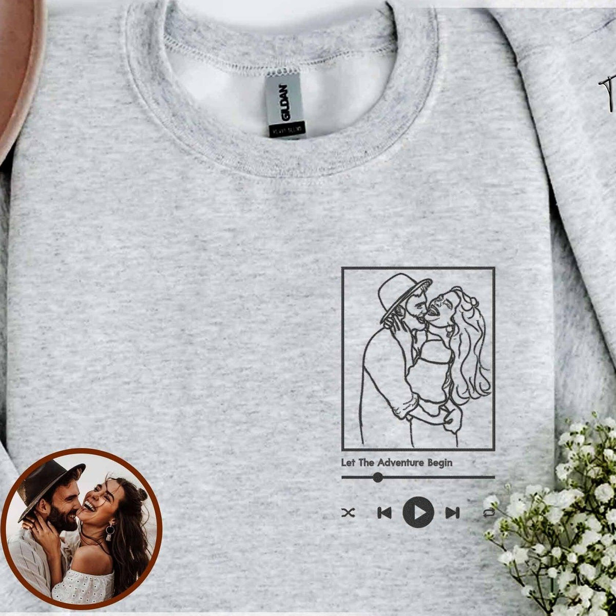 Custom Embroidered Portrait Line Drawing Couple Matching Sweatshirt Hoodies