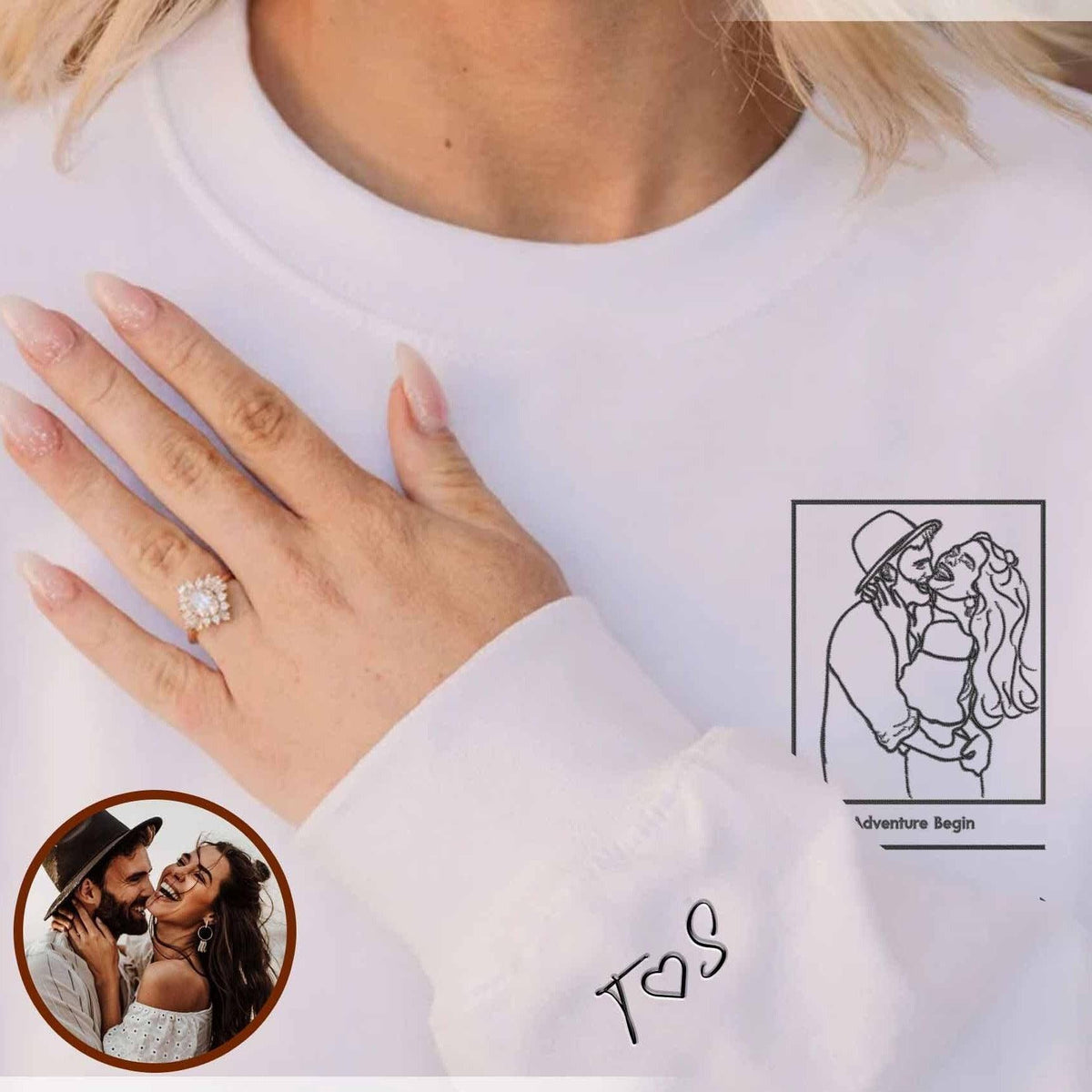 Custom Embroidered Portrait Line Drawing Couple Matching Sweatshirt Hoodies