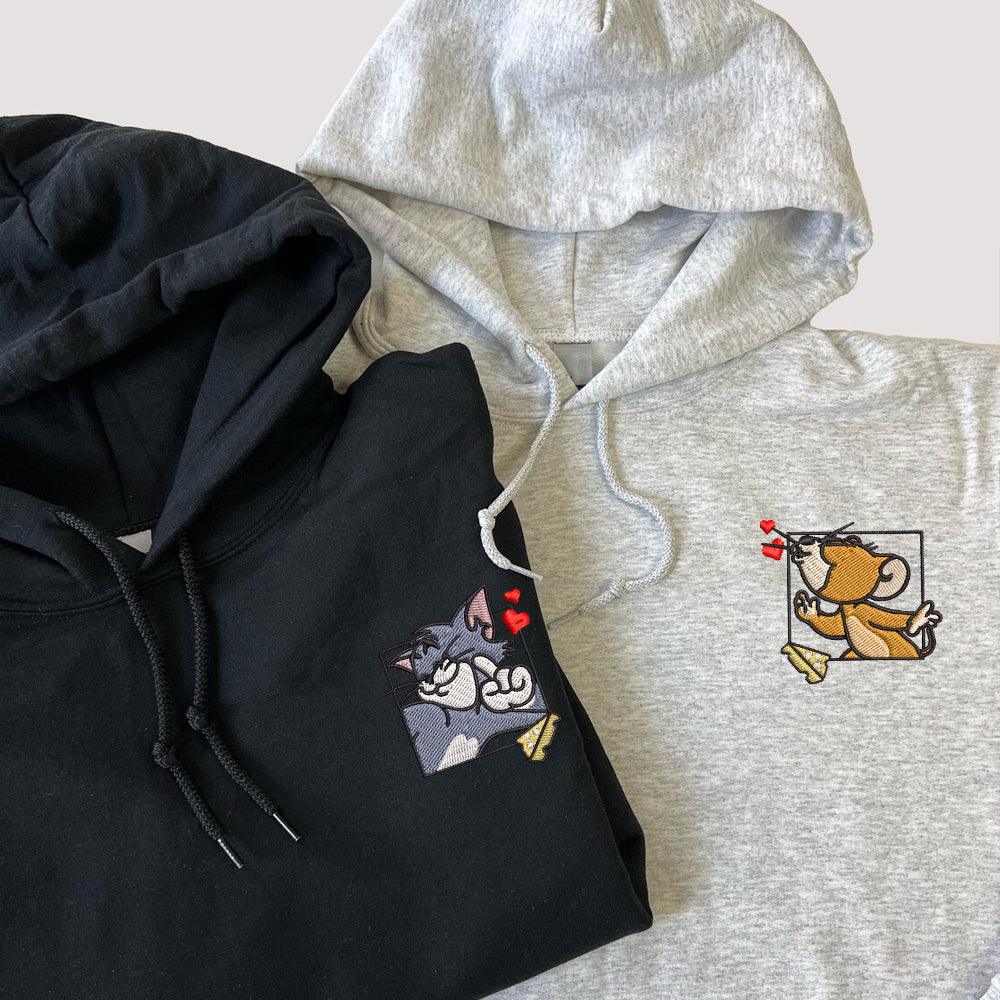 Custom Embroidered Hoodies For Couples, Custom Matching Couple Hoodie, Cute Mouses Couples Embroidered Hoodie V1