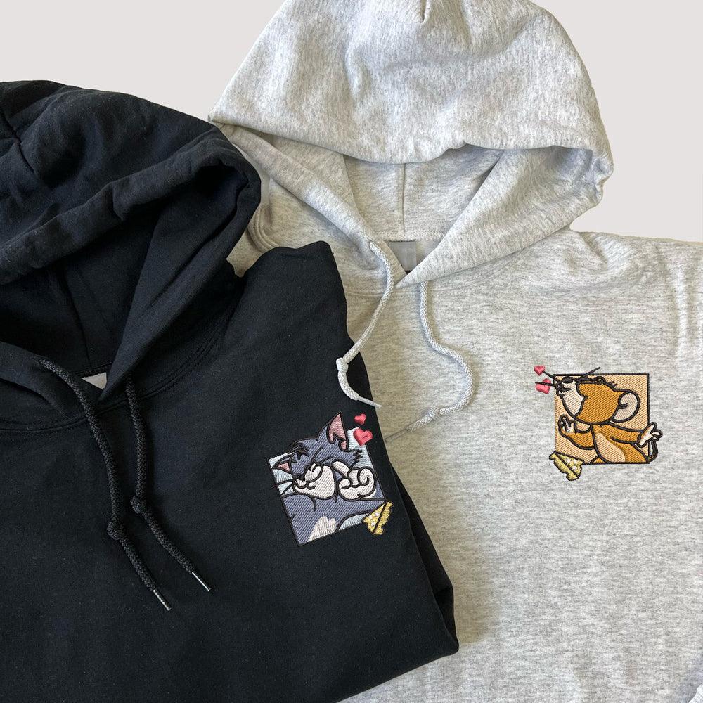 Custom Embroidered Hoodies For Couples, Custom Matching Couple Hoodie, Cute Mouses Couples Embroidered Hoodie V2