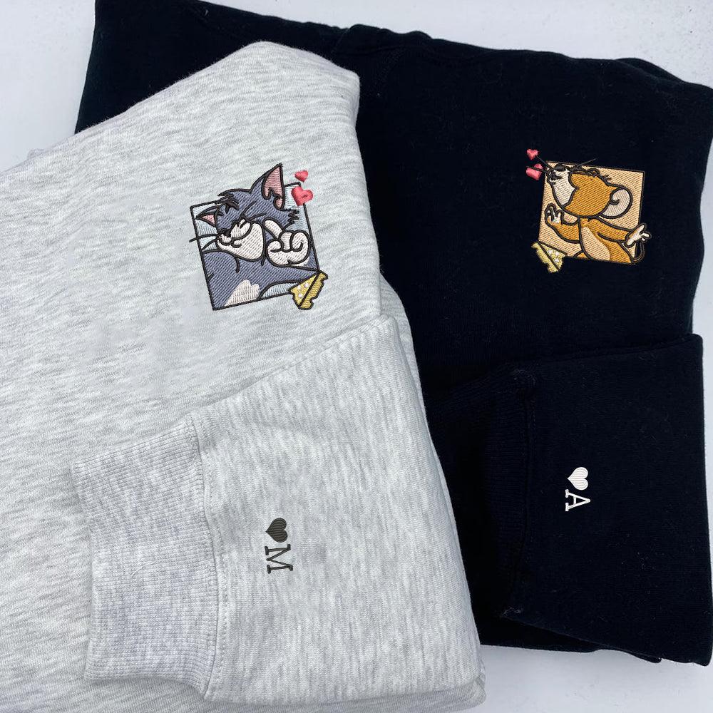 Custom Embroidered Sweatshirts For Couples, Custom Matching Couple Sweatshirt, Cute Mouses Couples Embroidered Crewneck Sweater V1