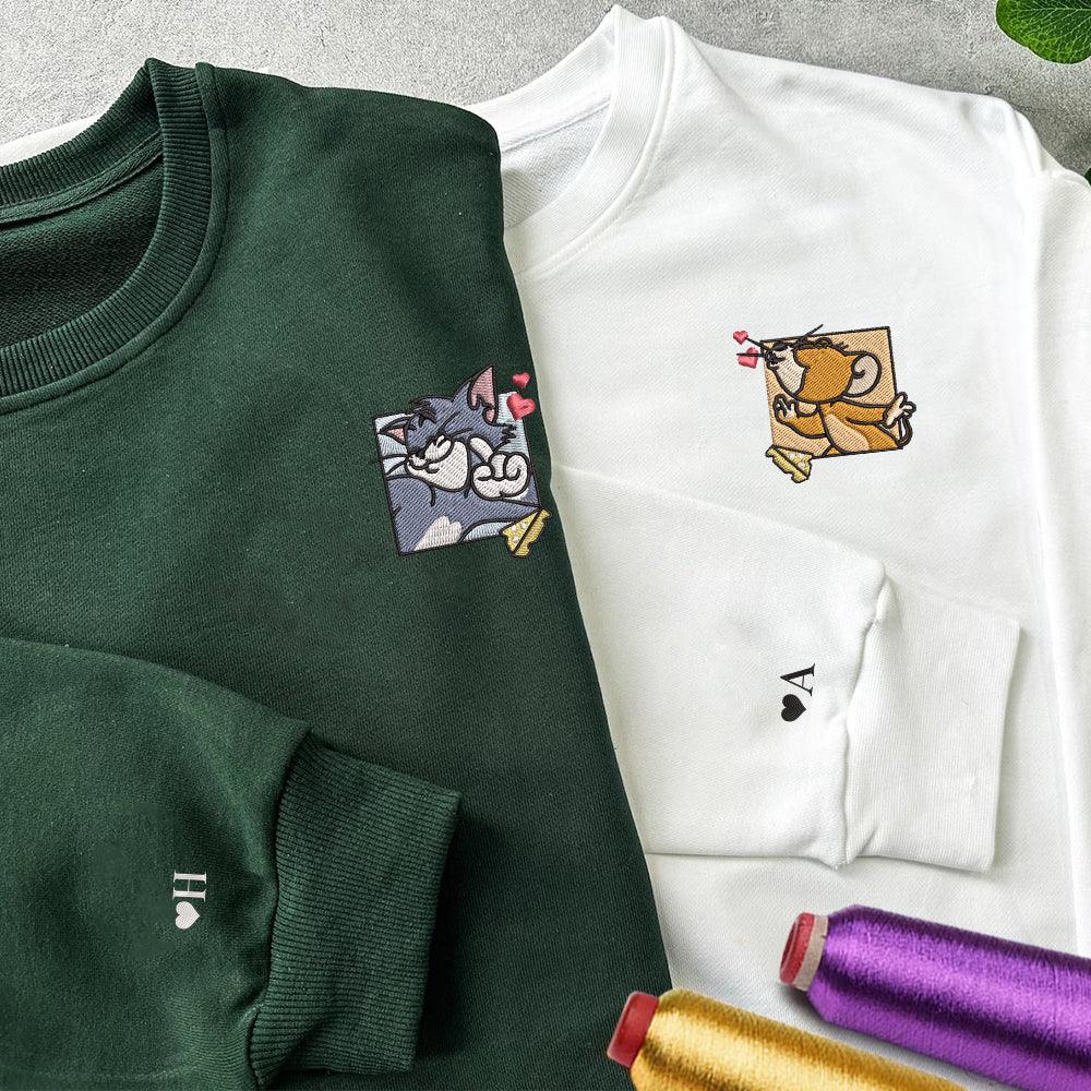 Custom Embroidered Sweatshirts For Couples, Custom Matching Couple Sweatshirt, Cute Mouses Couples Embroidered Crewneck Sweater V2