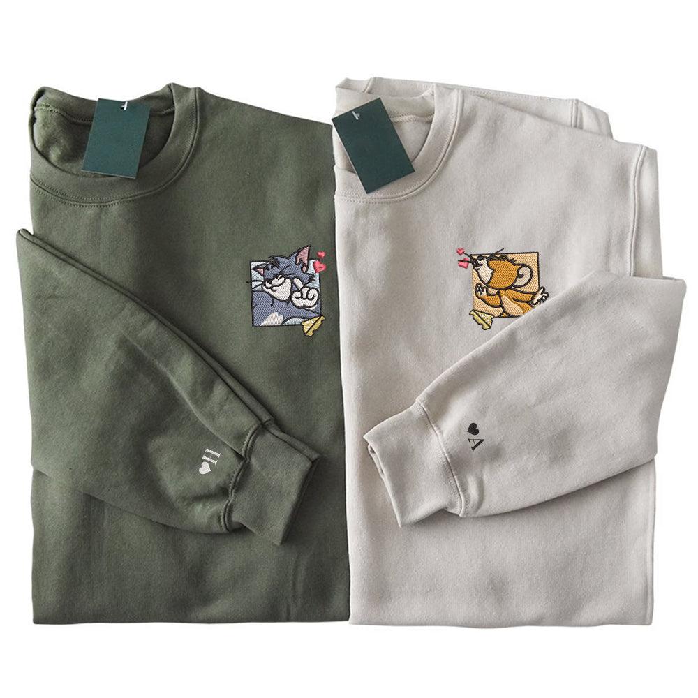 Custom Embroidered Sweatshirts For Couples, Custom Matching Couple Sweatshirt, Cute Mouses Couples Embroidered Crewneck Sweater V2