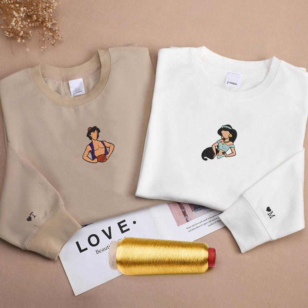 Custom Embroidered Sweatshirts For Couples, Custom Matching Couple Sweatshirt, Cute Princess Couples Embroidered Crewneck Sweater V1