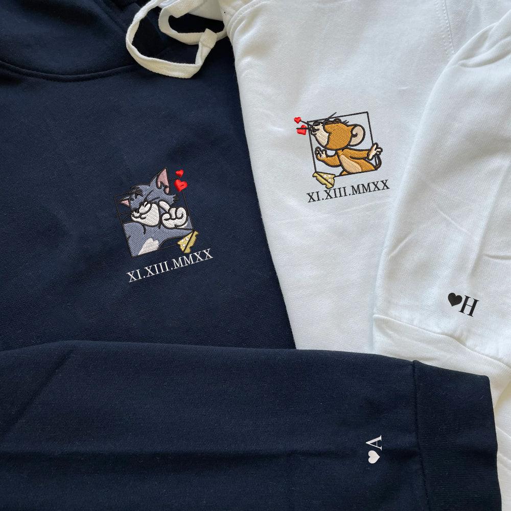 Custom Embroidered Roman Numeral Hoodies For Couples, Roman Numeral Date Hoodie, Mouses Heart Kiss Couples Embroidered Hoodie