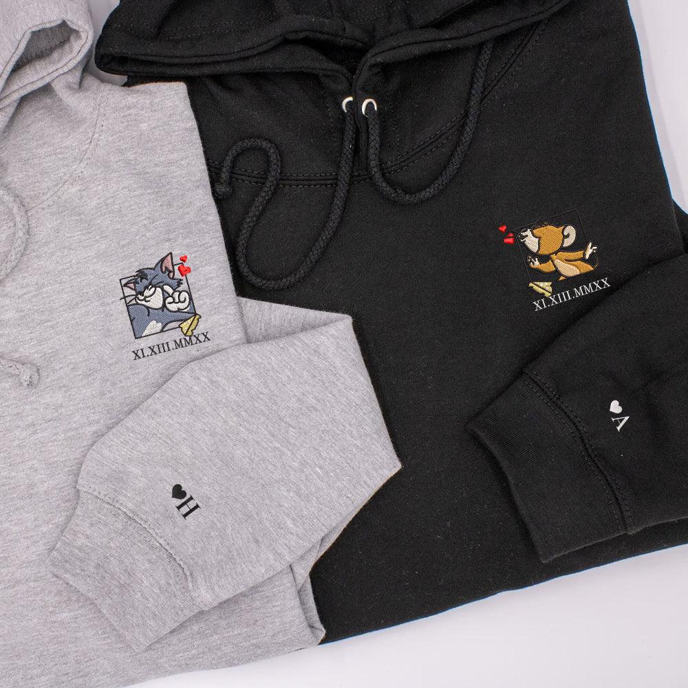 Custom Embroidered Roman Numeral Hoodies For Couples, Roman Numeral Date Hoodie, Mouses Heart Kiss Couples Embroidered Hoodie