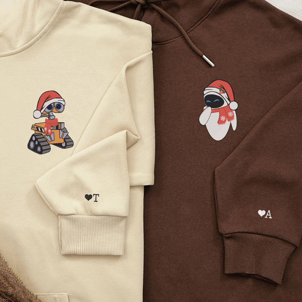 Couples Embroidered Hoodie, Custom Christmas Robot Characters Matching Hoodie