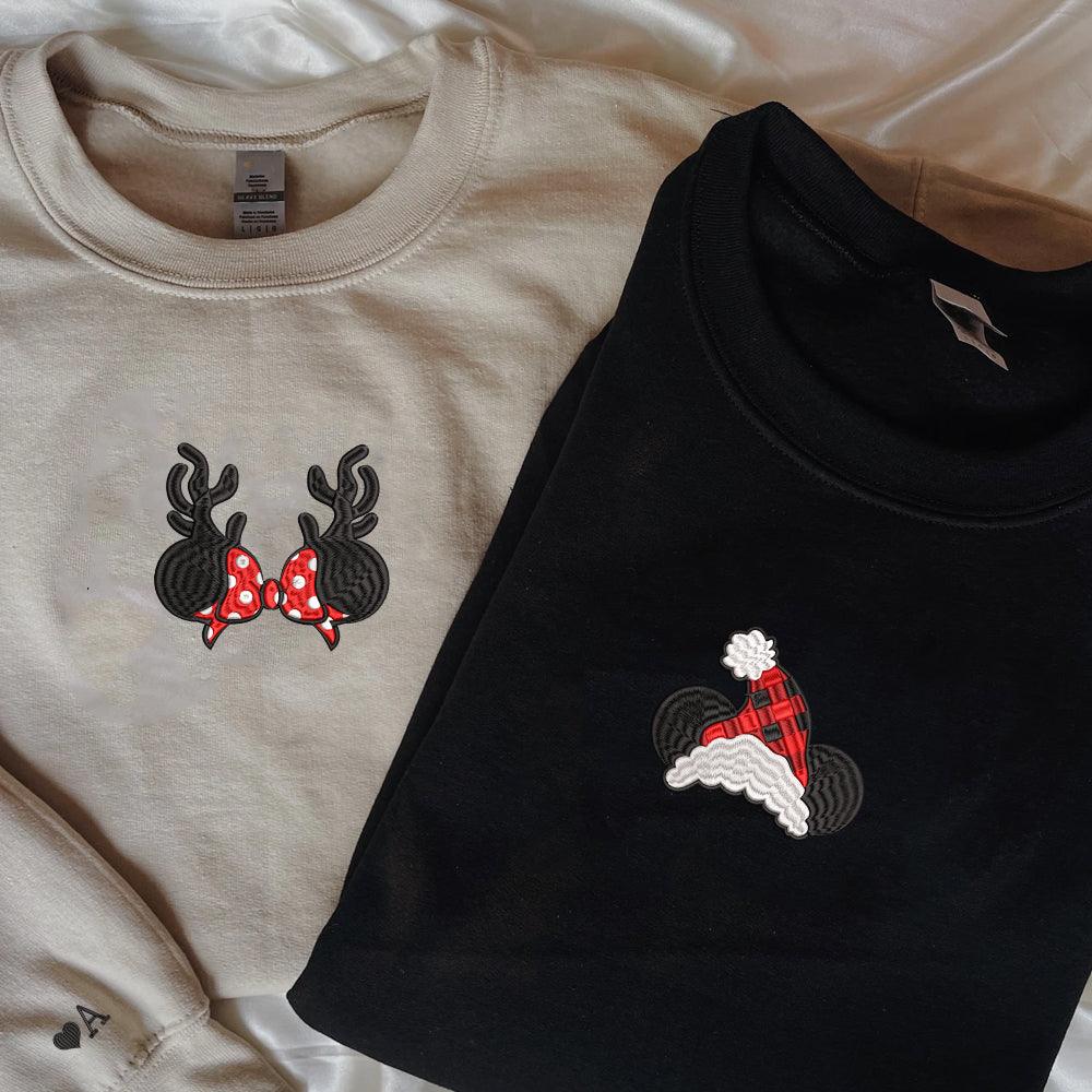 Custom Embroidered Sweatshirts For Couples, Custom Embroidered Cartoon Mouses Christmas Couples Embroidered Sweatshirt Sweater