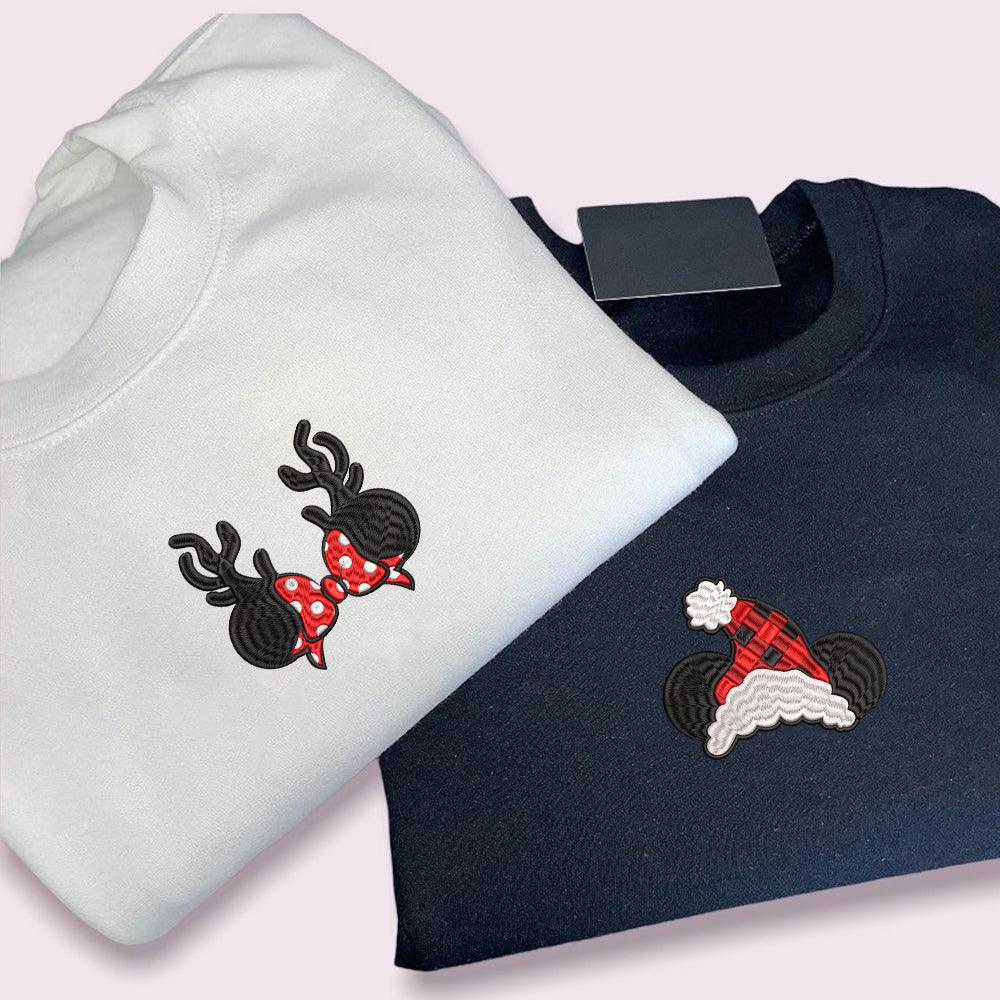 Custom Embroidered Sweatshirts For Couples, Custom Embroidered Cartoon Mouses Christmas Couples Embroidered Sweatshirt Sweater