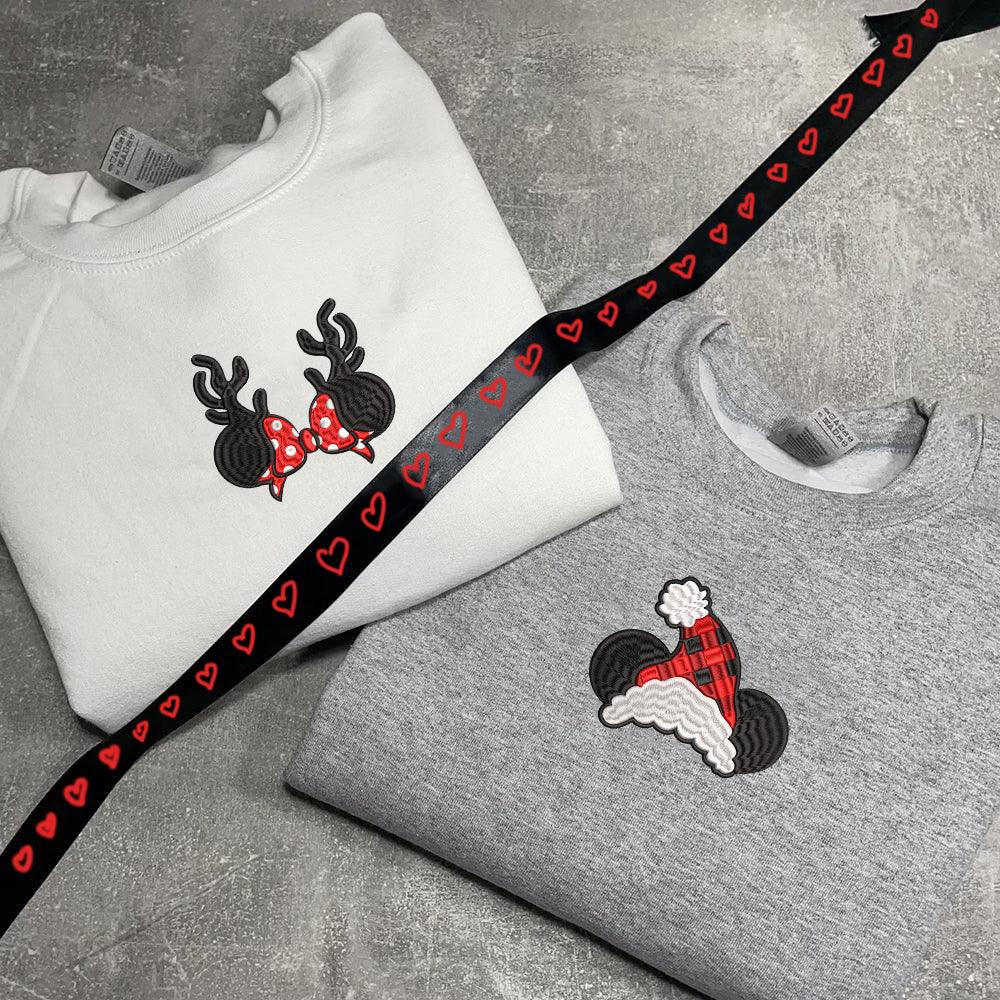 Custom Embroidered Sweatshirts For Couples, Custom Embroidered Cartoon Mouses Christmas Couples Embroidered Sweatshirt Sweater
