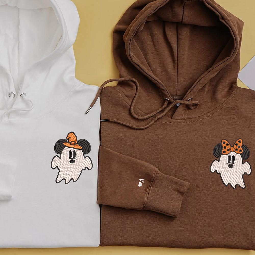 Custom Halloween Embroidered Hoodies For Couples, Custom Embroidered Cartoon Mouses Ghost Spooky Couples Embroidered Hoodies Hoodie V4