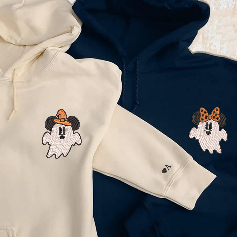 Custom Halloween Embroidered Hoodies For Couples, Custom Embroidered Cartoon Mouses Ghost Spooky Couples Embroidered Hoodies Hoodie V4
