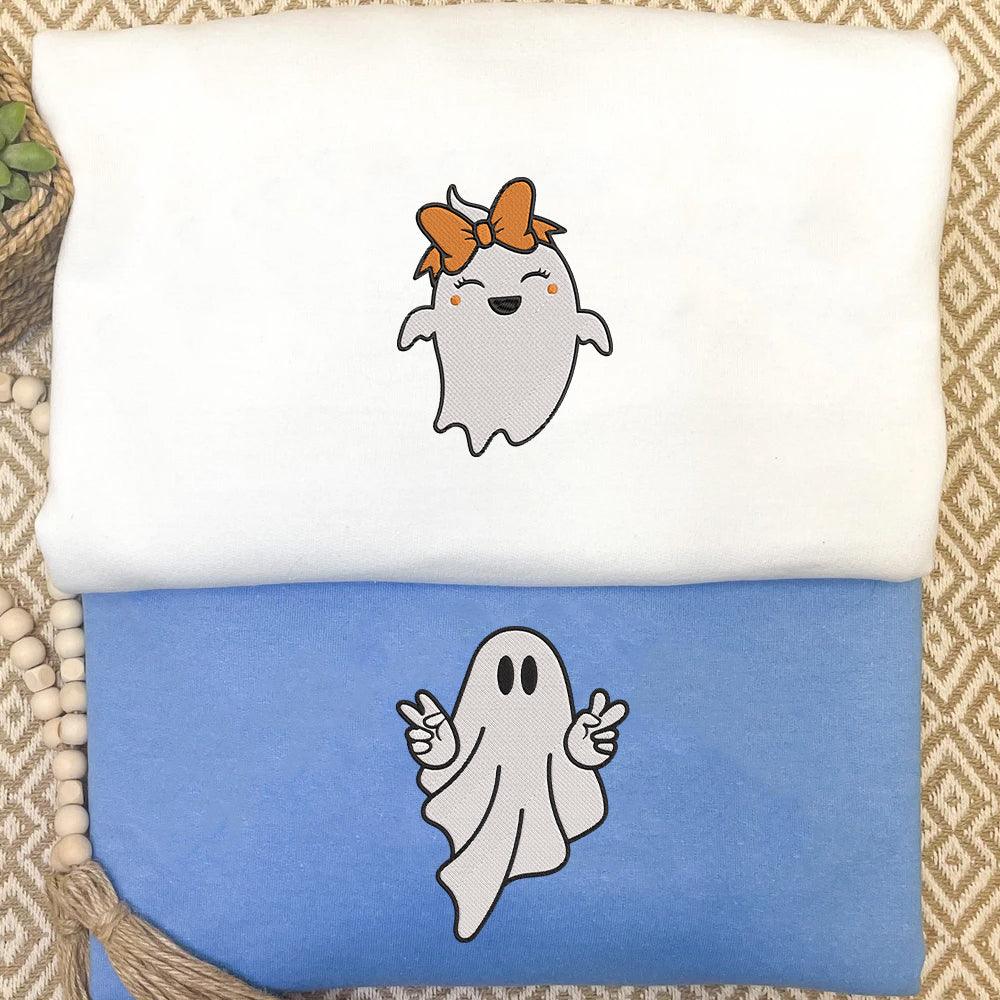Custom Embroidered Halloween Sweatshirts For Couples, Custom Embroidered Ghost Spooky Season Couples Embroidered Sweatshirt Sweater V1