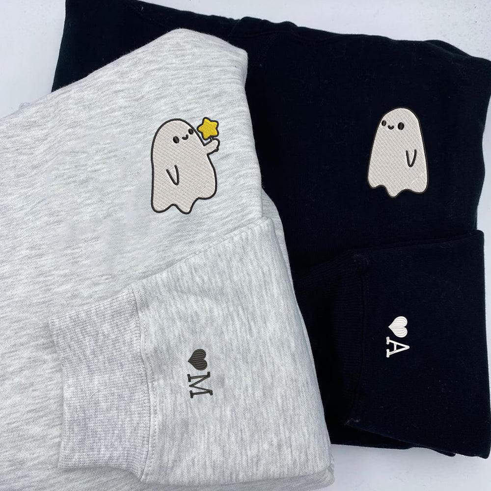 Custom Embroidered Halloween Sweatshirts For Couples, Custom Embroidered Ghost Spooky Season Couples Embroidered Sweater V2