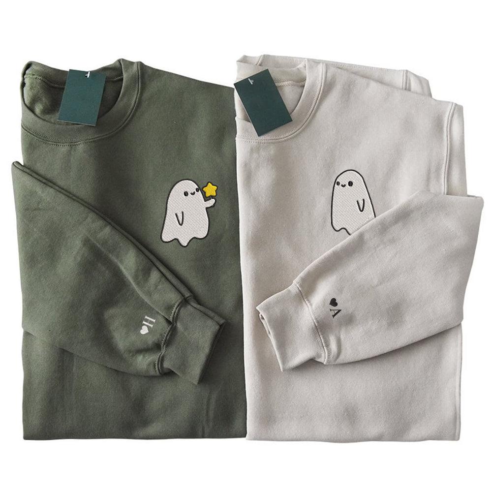 Custom Embroidered Halloween Sweatshirts For Couples, Custom Embroidered Ghost Spooky Season Couples Embroidered Sweater V2