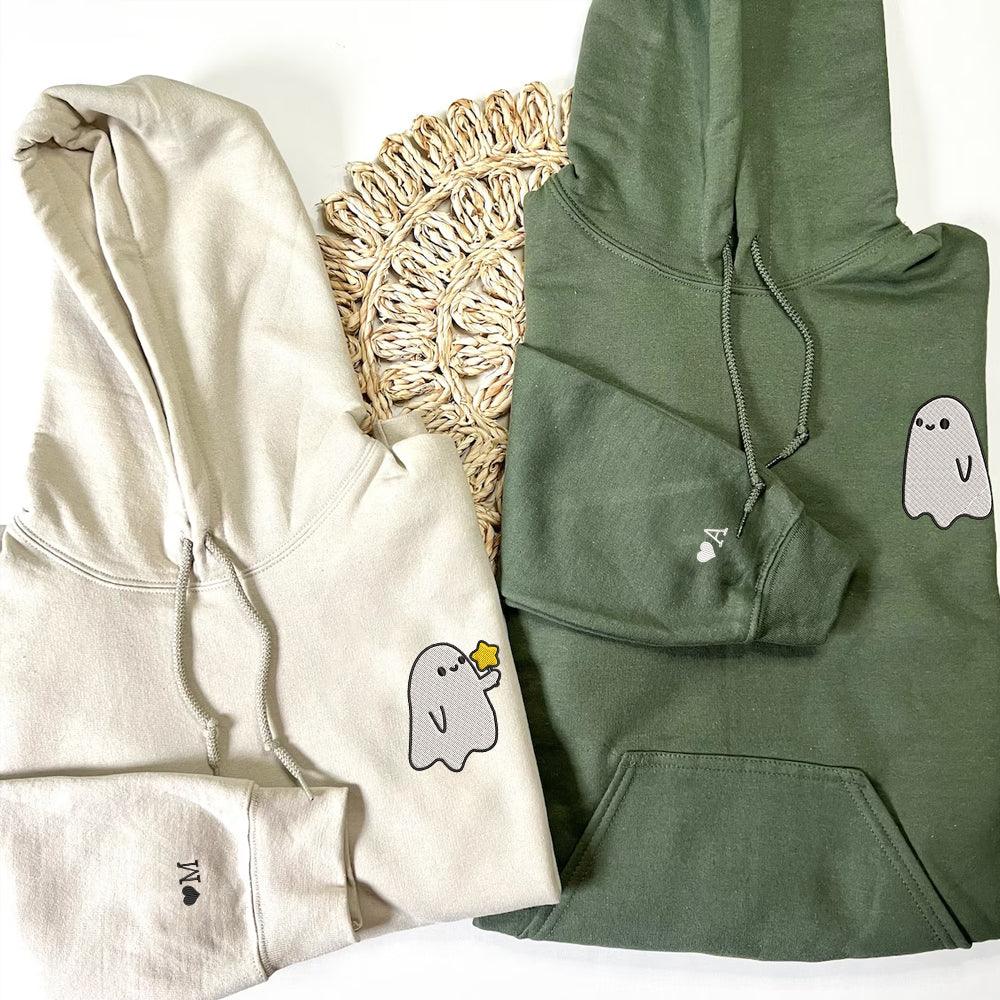 Custom Embroidered Halloween Hoodies For Couples, Custom Embroidered Ghost Spooky Season Couples Embroidered Hoodies V2