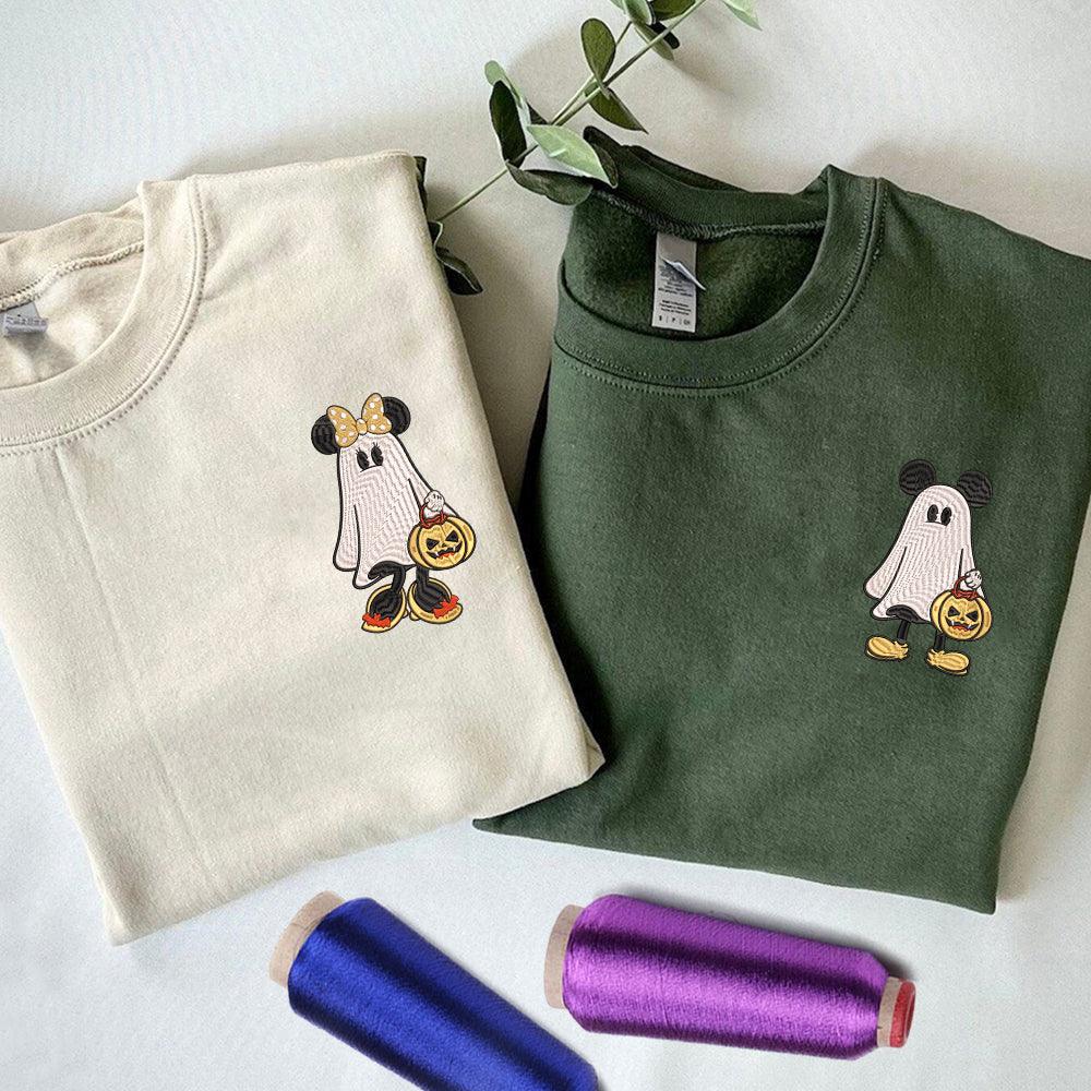 Custom Embroidered Halloweeen Sweatshirts For Couples, Custom Matching Couple Sweatshirt, Cartoon Ghost Mouses Couples Embroidered Sweater V4