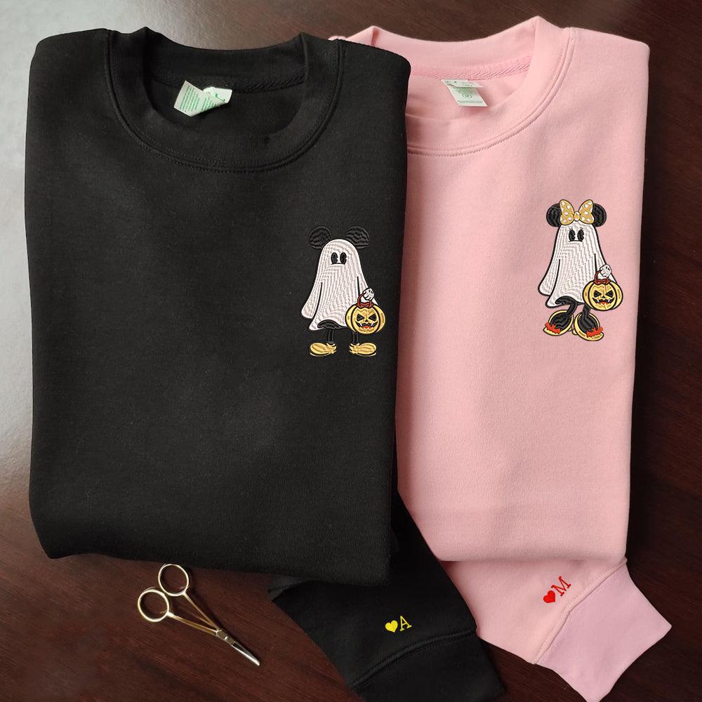 Custom Embroidered Halloweeen Hoodies For Couples, Custom Matching Couple Hoodie, Cartoon Ghost Mouses Couples Embroidered Hoodie V2
