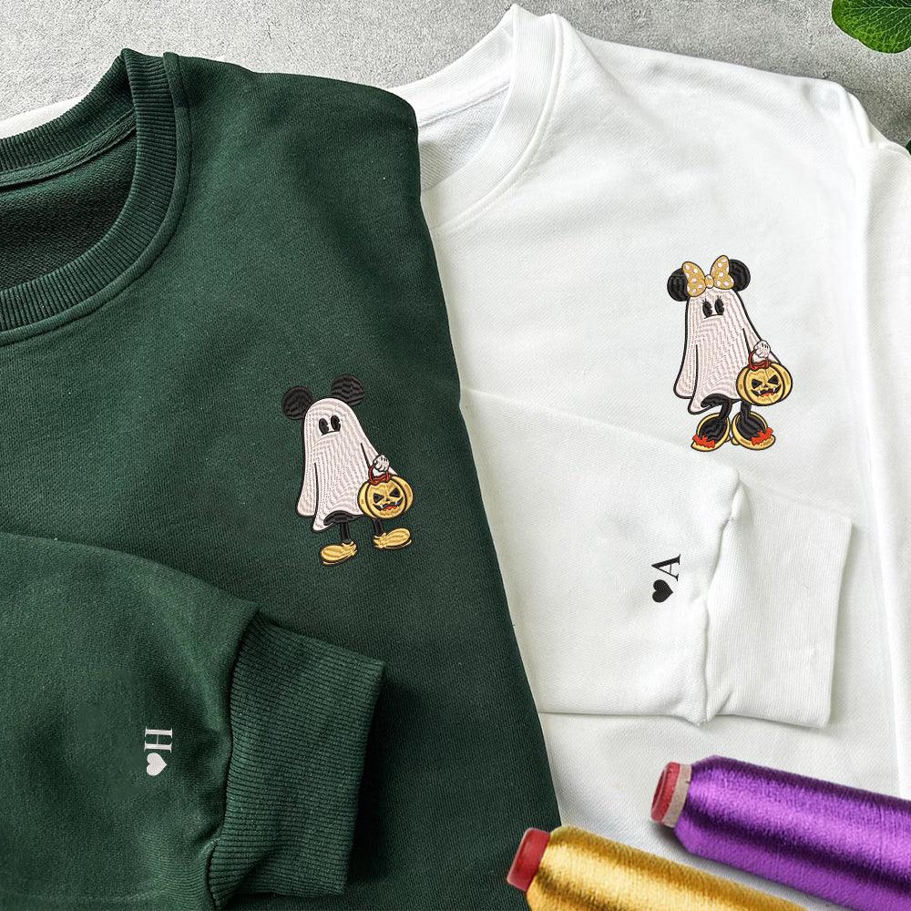 Custom Embroidered Halloweeen Sweatshirts For Couples, Custom Matching Couple Sweatshirt, Cartoon Ghost Mouses Couples Embroidered Sweater V4