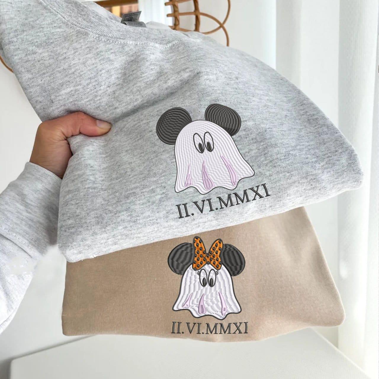Custom Embroidered Halloweeen Sweatshirts For Couples, Custom Matching Couple Hoodies, Spooky Mouse Ghost Couples Roman Numeral Date Sweatshirt