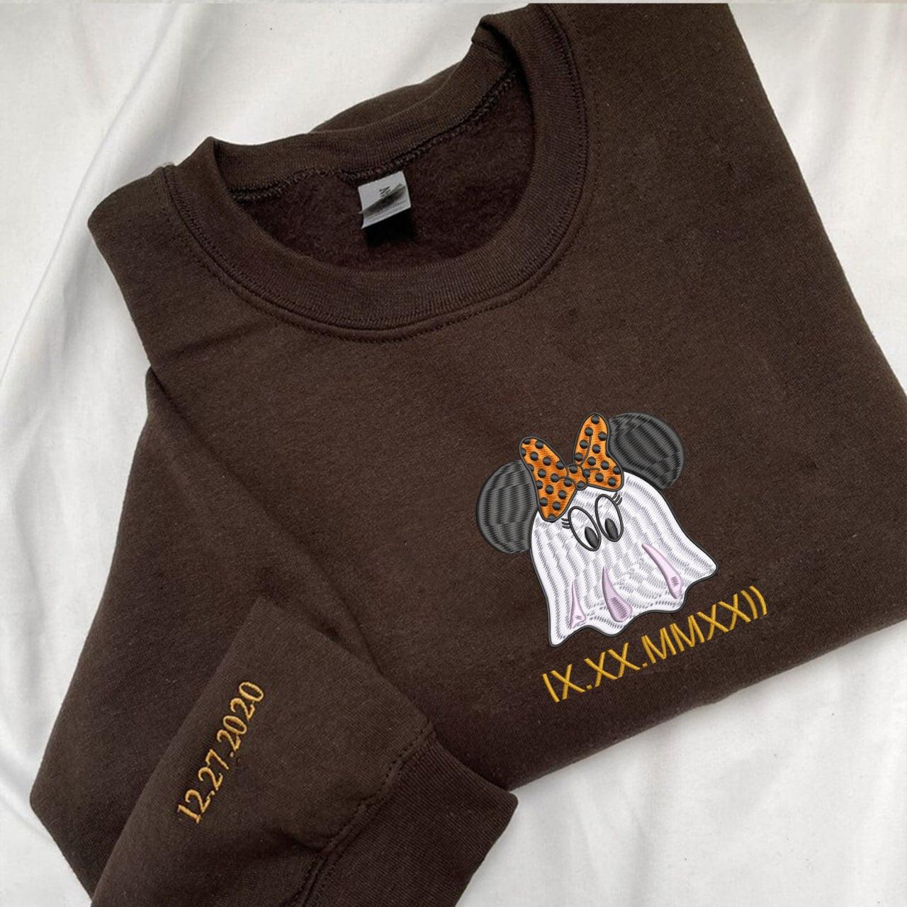 Custom Embroidered Halloweeen Hoodies For Couples, Custom Matching Couple Hoodies, Spooky Mouse Ghost Couples Roman Numeral Date Hoodie