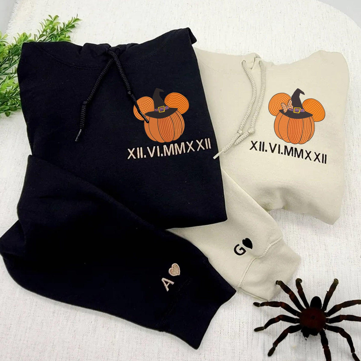 Custom Embroidered Halloweeen Hoodies For Couples, Custom Matching Couple Hoodies, Spooky Mouse Pumpkin Roman Numeral Date Hoodie