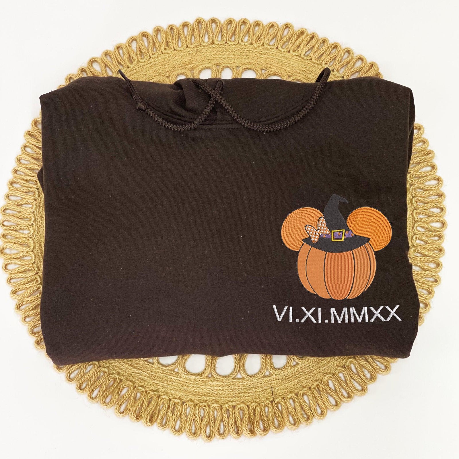 Custom Embroidered Halloweeen Hoodies For Couples, Custom Matching Couple Hoodies, Spooky Mouse Pumpkin Roman Numeral Date Hoodie