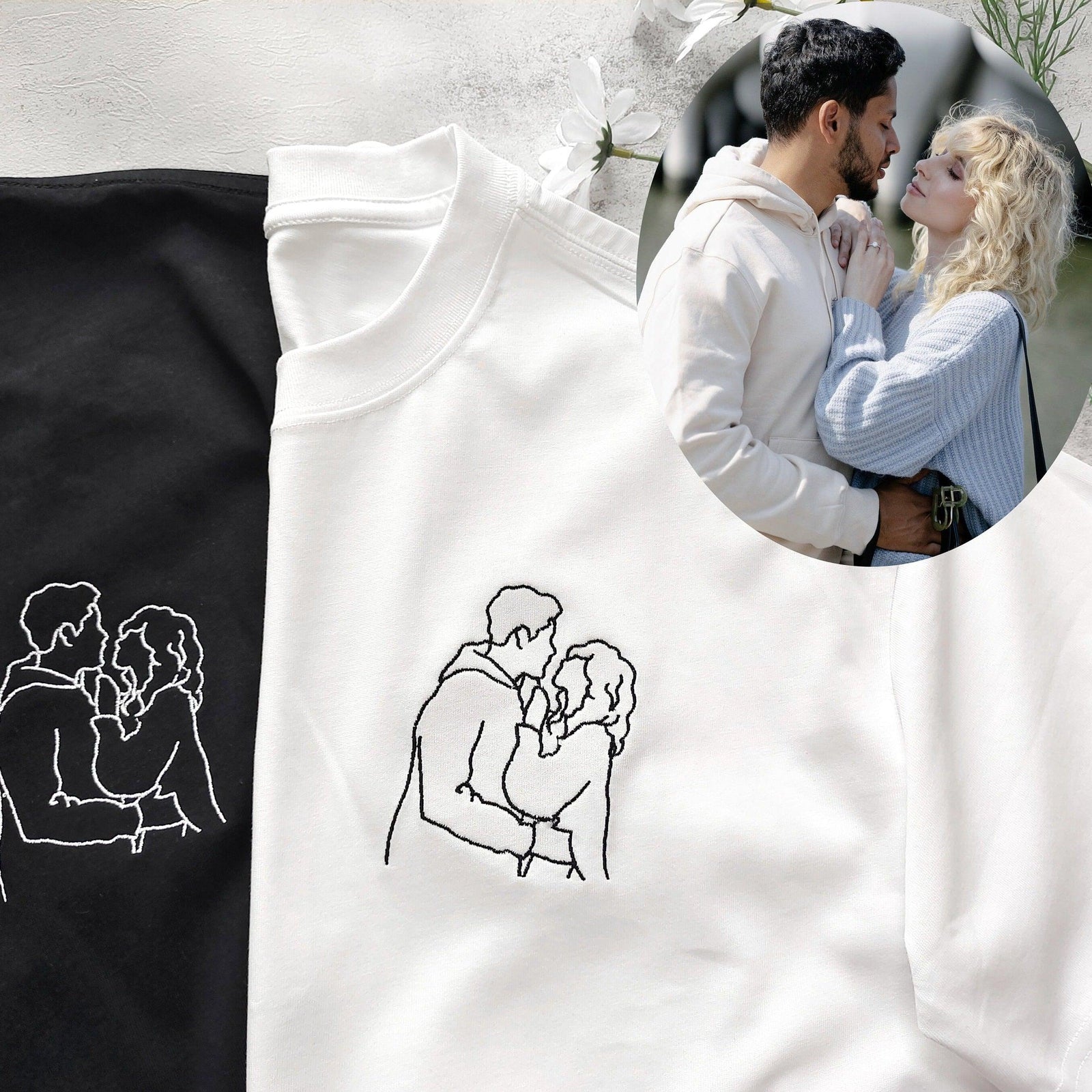 Custom Embroidered Portrait Outline Photo Matching Couples Sweatshirt