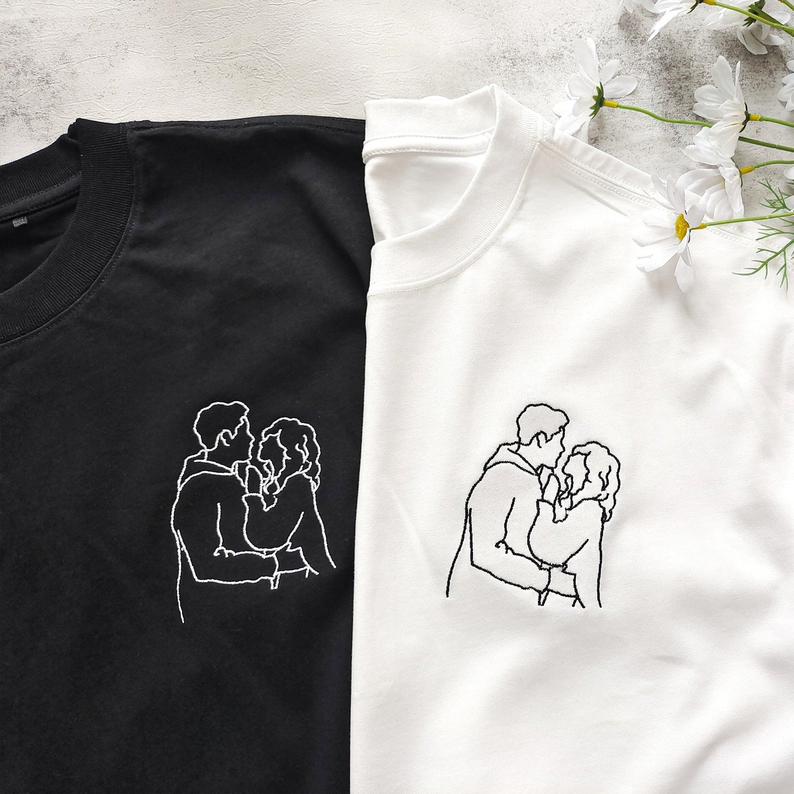 Custom Embroidered Portrait Outline Photo Matching Couples Sweatshirt
