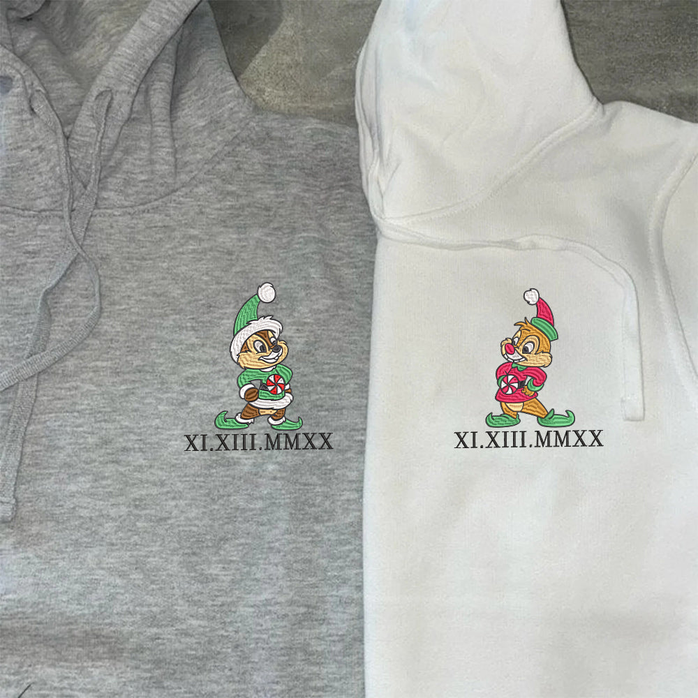 Custom Couple Embroidered Hoodie, Christmas Cartoon Chipmunk Lovers Hoodie with Date