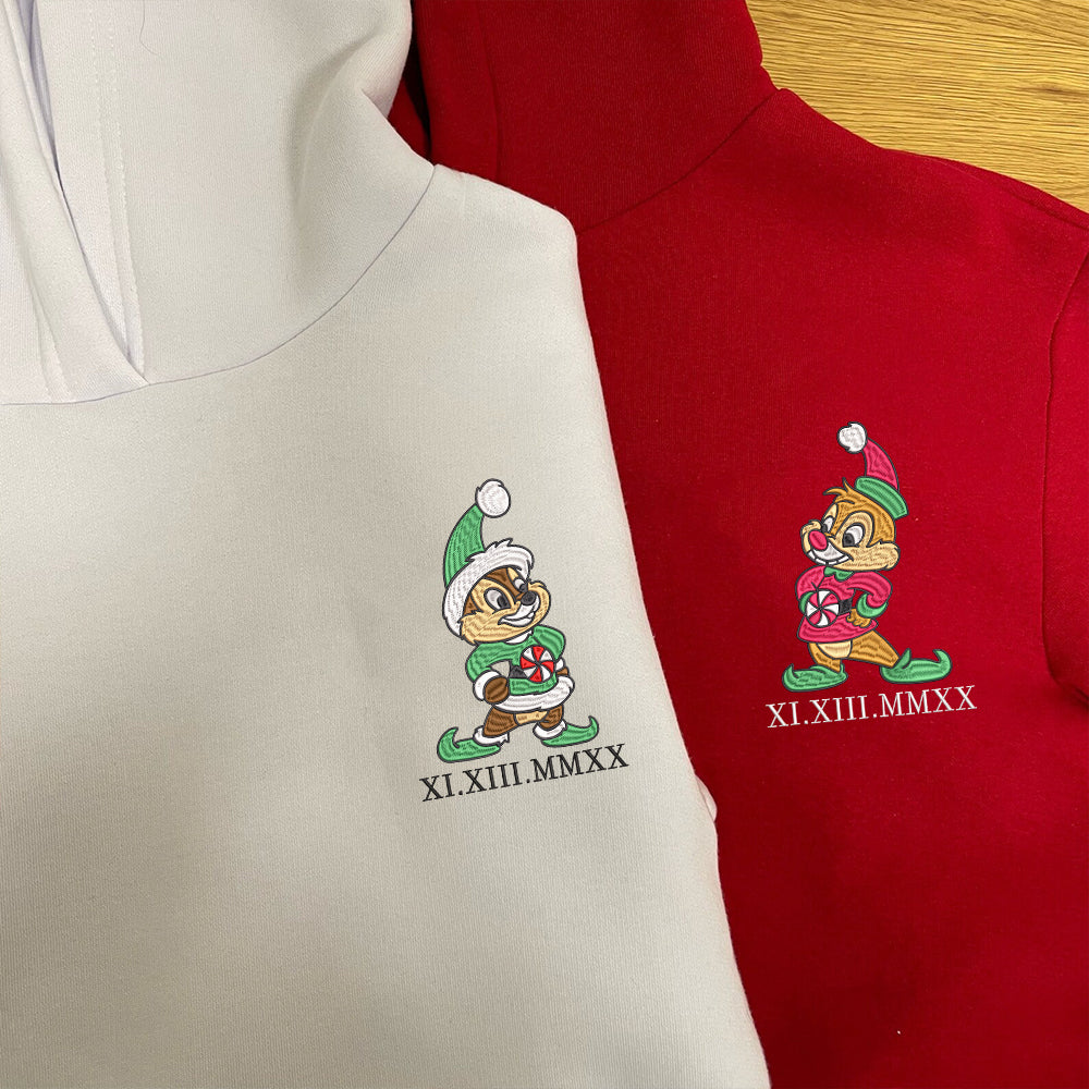 Custom Couple Embroidered Hoodie, Christmas Cartoon Chipmunk Lovers Hoodie with Date