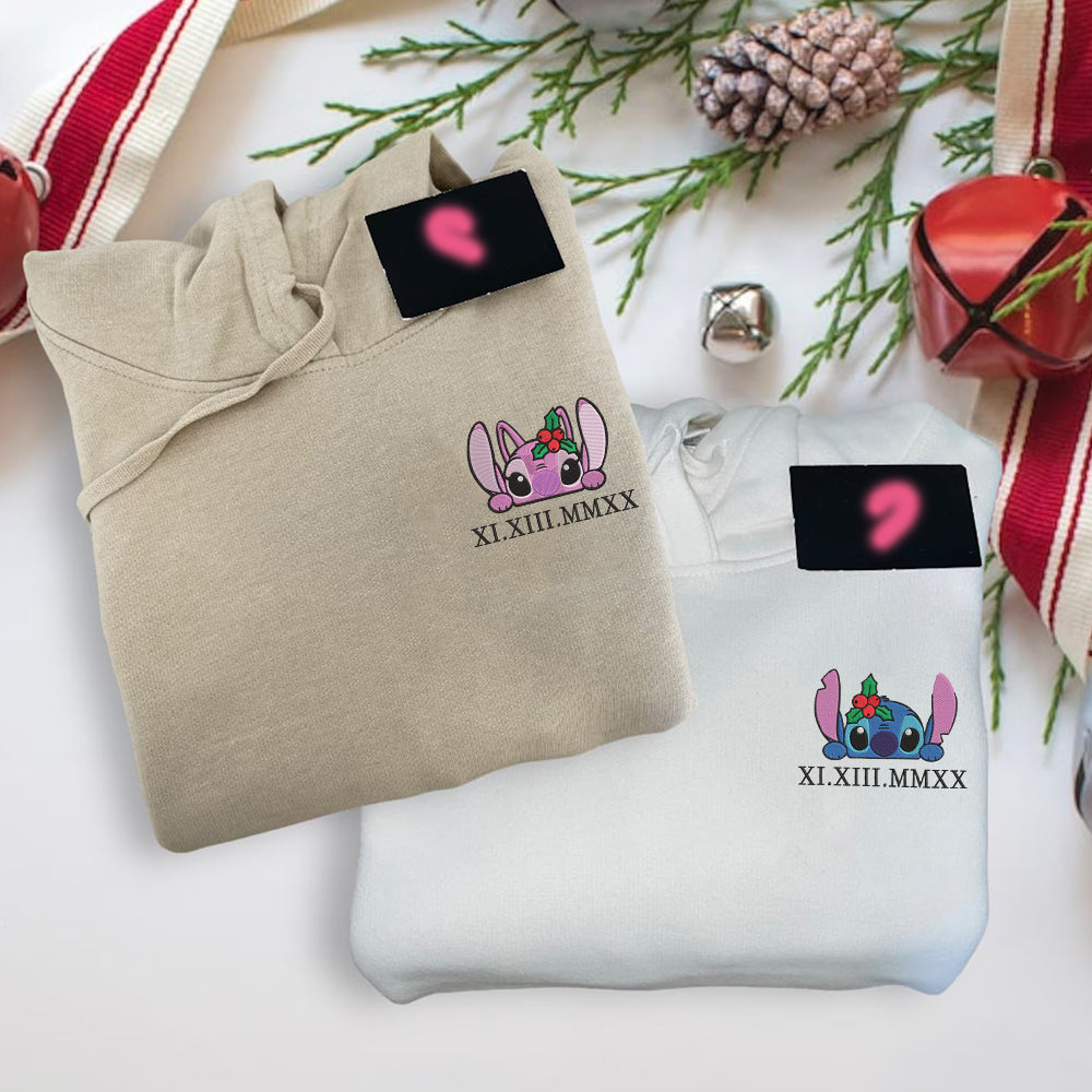 Custom Couple Embroidered Hoodie, Cute Alien Pair with Roman Numeral Date, Matching Couple Gift