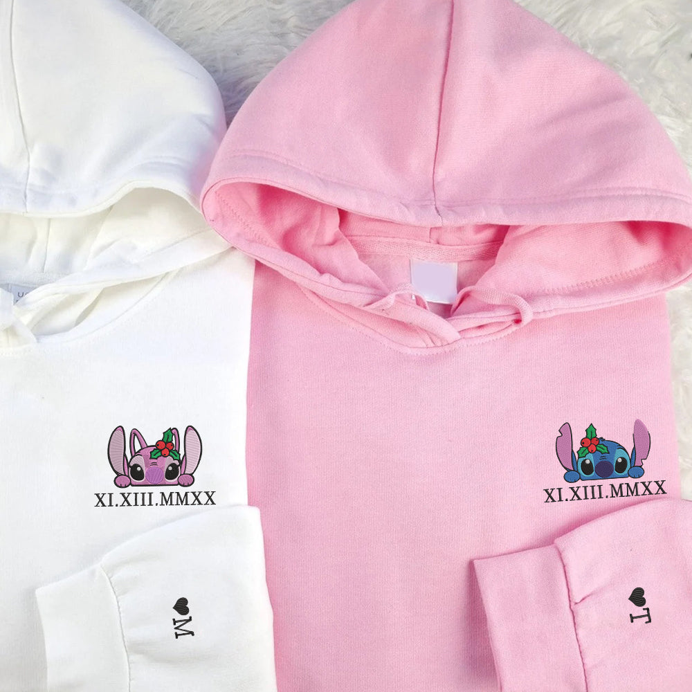Custom Couple Embroidered Hoodie, Cute Alien Pair with Roman Numeral Date, Matching Couple Gift