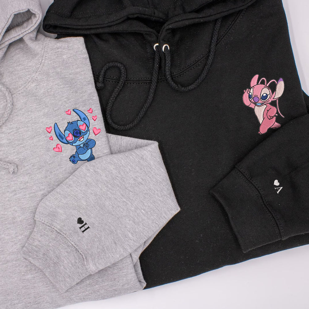 Custom Couple Embroidered Hoodie, Cute Cartoon Alien Characters Hoodie, Sweet Lovers Gift