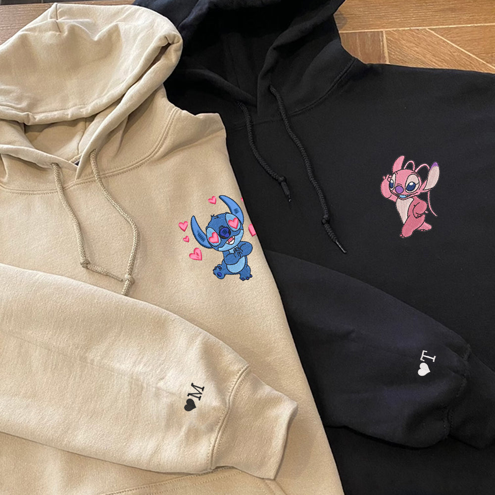 Custom Couple Embroidered Hoodie, Cute Cartoon Alien Characters Hoodie, Sweet Lovers Gift