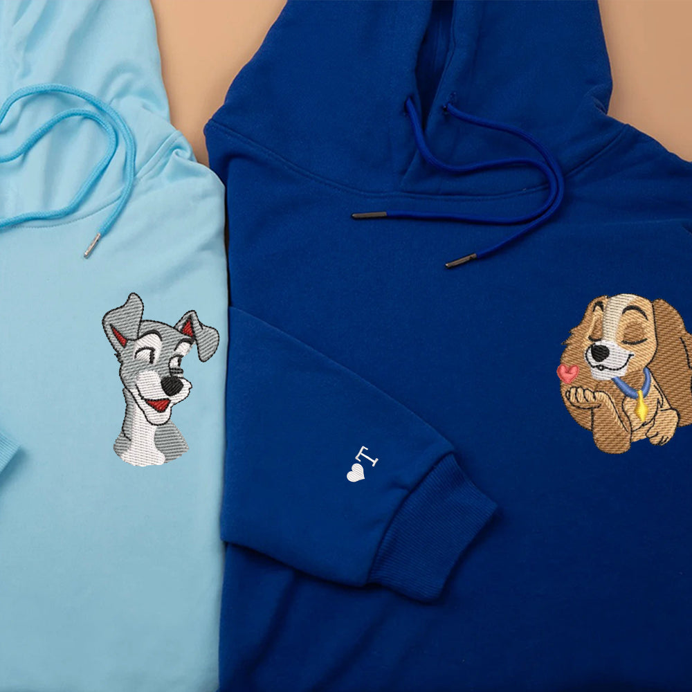 Custom Couple Embroidered Hoodie, Cute Cartoon Puppy Pair Hoodie, Unique Romantic Gift