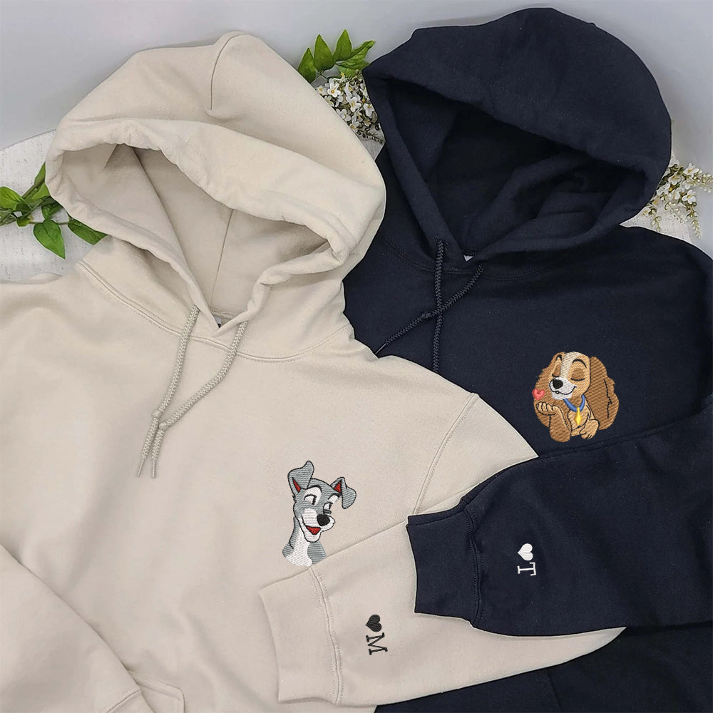 Custom Couple Embroidered Hoodie, Cute Cartoon Puppy Pair Hoodie, Unique Romantic Gift