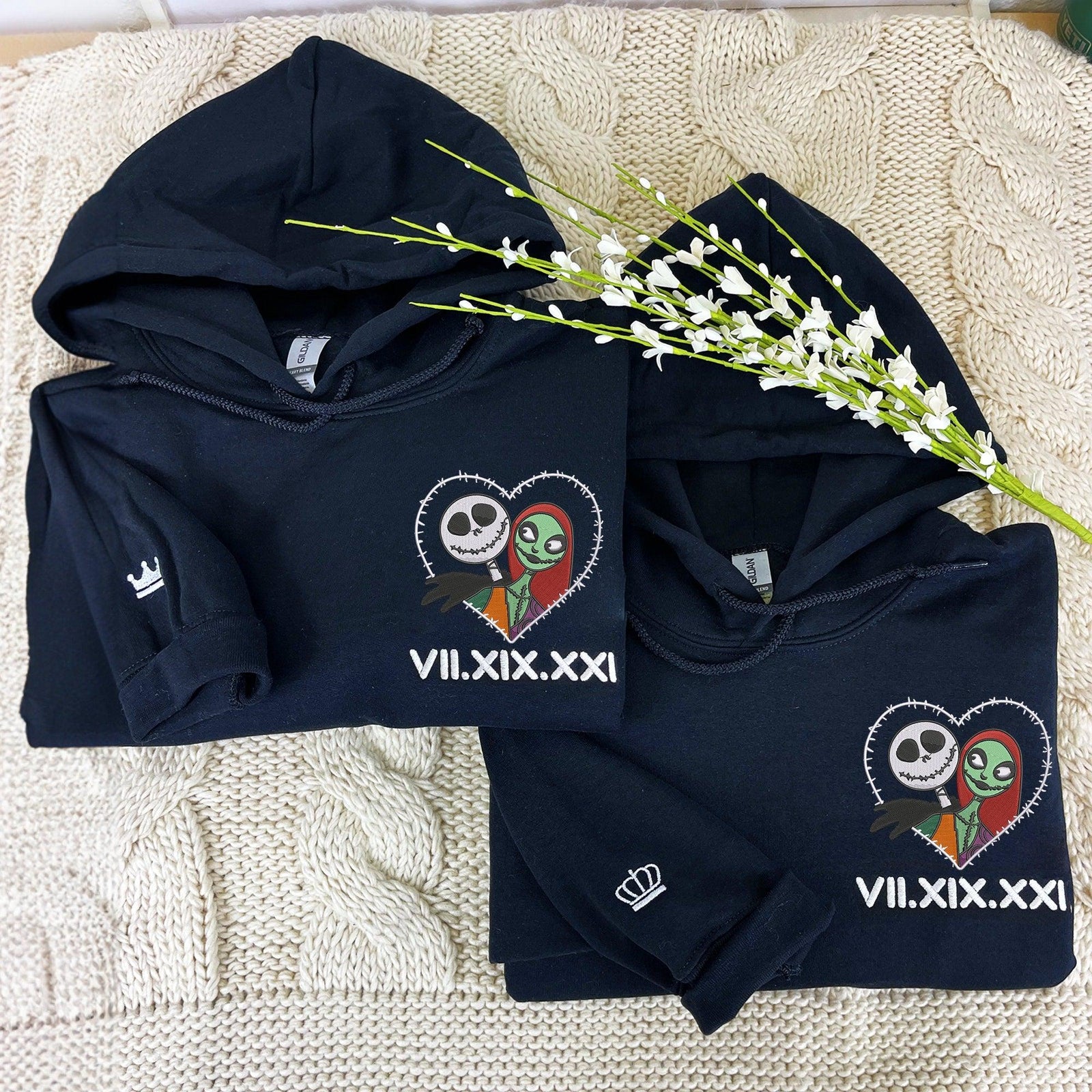 Custom Couple Embroidered Hoodie, Gothic Love Story Roman Numeral Hoodie, Matching Outfit Gift